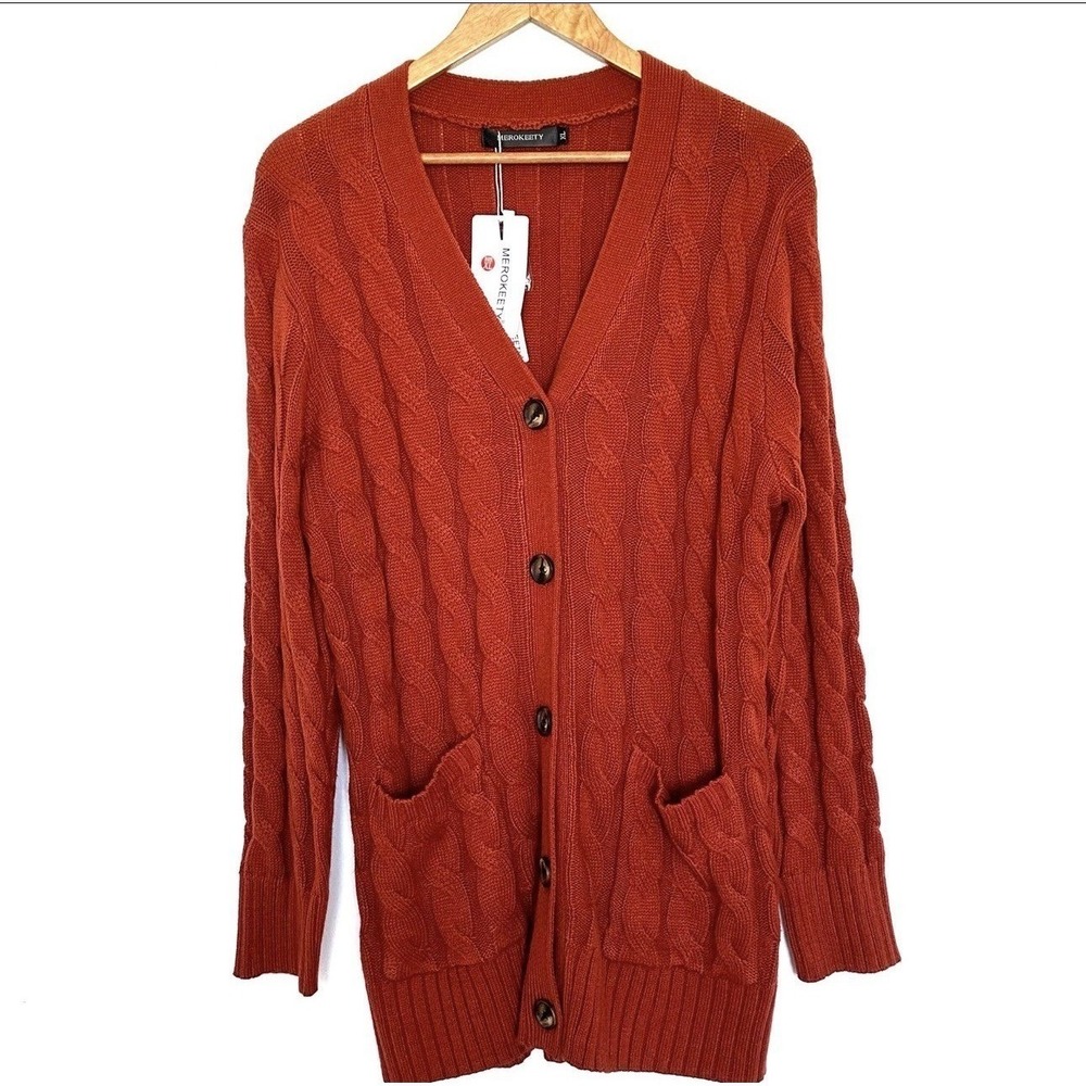NWT Merokeety Cardigan Women XL Cable Knit Long Sleeve Button Down Pockets Rust